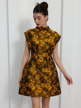 Aveloria Rosie Elegant French Lady Inspired Jacquard Short Sleeve Stand Collar Cinched Waist A-Line Mini Dress, Perfect For Dating & Occasions